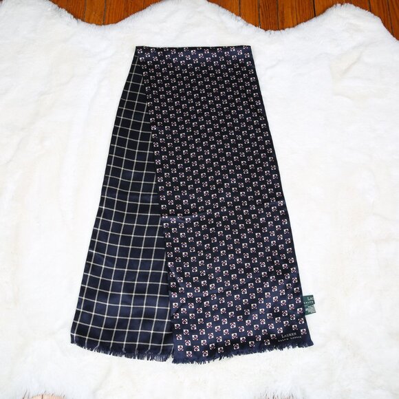 LAUREN RALPH LAUREN 100% Silk Navy Blue Foulard Print Scarf - Reversible Motif - Picture 4 of 10